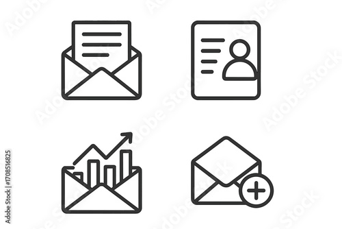 Minimalist vector icon set for email marketing, newsletter, subscriber list, analytics, data growth, and communication concepts, simple line art with transparent background