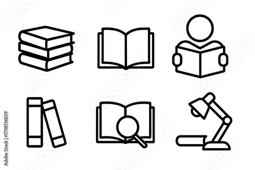 Minimalist library icons set with books, reading, study themes, open book, person reading, magnifying glass, desk lamp, educational symbols in linear design, vector cartoon illustration