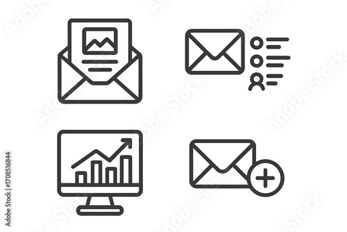 Minimalist vector icon set for email marketing, newsletter, subscriber list, analytics, digital communication, online marketing, data analysis, flat cartoon style with transparent background