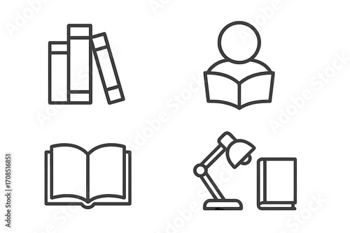 Minimalist linear design library icon set featuring books, reading, study themes, open book, desk lamp, educational symbols, vector cartoon illustration, transparent background, ordered collection