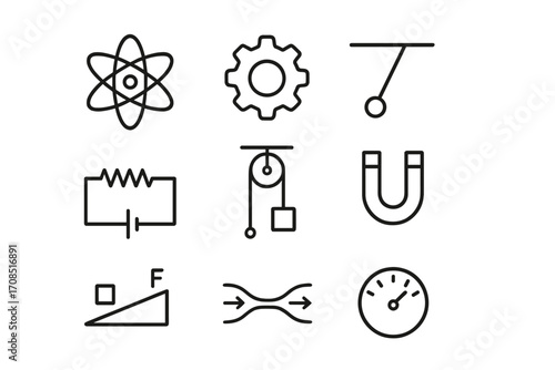 Minimalist physics and engineering icons set with simple black line design, vector cartoon illustration, transparent background, ordered collection of science and mechanics symbols