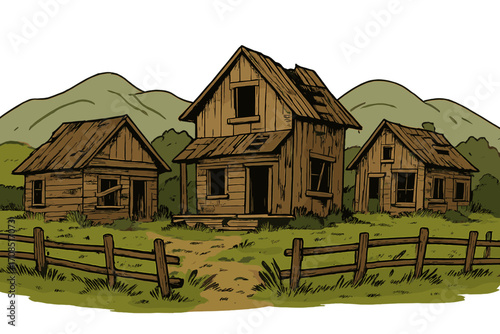 Abandoned run-down rural houses with wooden fence and hills, old rustic architecture vector cartoon illustration, decayed countryside buildings, vintage farm homes