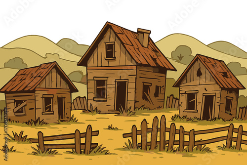 Abandoned run-down rural houses with broken windows and wooden fences in a rustic countryside landscape, old worn buildings with hills background, vector cartoon illustration