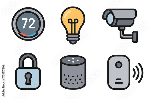 Smart home IoT icons set including thermostat control, light bulb, security camera, smart speaker, padlock, and wireless sensor, vector cartoon illustration, transparent background, ordered collection