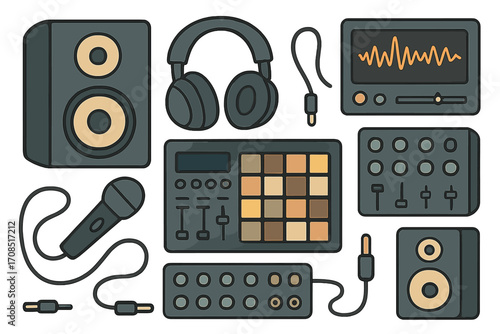 Sound equipment and audio production tools vector illustration, music studio gear collection, headphones, microphone, mixer, synthesizer, soundboard, creative music technology design, cartoon style