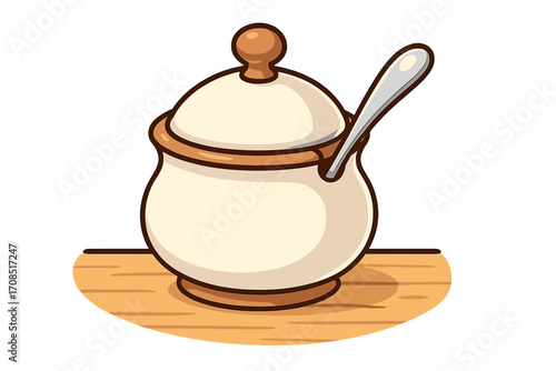 Sugar bowl with lid and spoon on wooden table, ceramic container for sweeteners, vector cartoon illustration, kitchen dining accessory for meal serving, transparent background