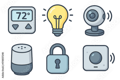 Smart home IoT icons set with thermostat, light bulb, security camera, smart speaker, lock, and sensor, vector cartoon illustration, transparent background, ordered technology symbols