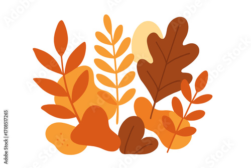 Stylish vector flat illustration of leafy plants and abstract shapes in warm autumn colors for modern decor, fall foliage design, seasonal nature elements, cartoon style, transparent background