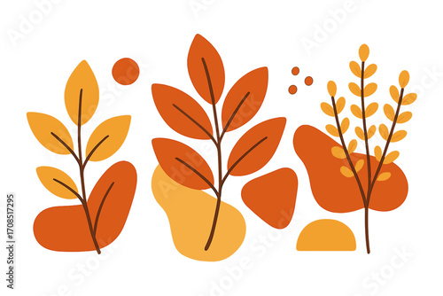 Stylish vector flat illustration of leafy plants and abstract shapes in warm autumn colors for modern decor, seasonal fall design, cartoon vector art with transparent background