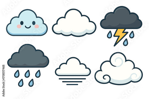 Varied cloud shapes flat vector illustration representing different weather conditions and artistic styles with cartoon clouds showing sunny, rainy, stormy, foggy, and windy weather concepts