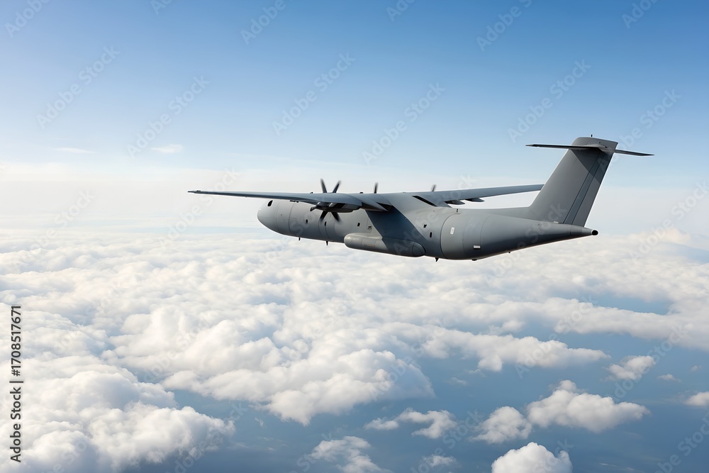 Obraz premium Gray Propeller Airplane Flying Above Fluffy White Clouds