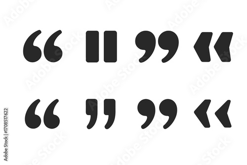 Vector flat illustration of various styles of quotation marks and punctuation symbols in black and white on simple backgrounds, cartoon style with transparent backgrounds, speech marks set