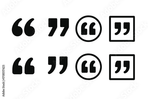 Vector flat illustration of various black and white quotation marks styles on simple background, cartoon icon set with transparent background, punctuation symbols for typography design