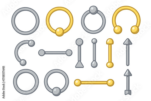 Vector flat illustration of various metallic jewelry designs featuring rings, bars, circular and arrow shapes, stylish body piercings, earrings, and accessories for fashion