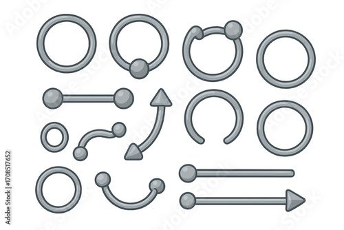 Vector flat illustration of various metallic jewelry designs including rings, barbells, circular bars, and arrow-shaped styles for accessorizing, body piercing, and fashion decor