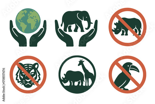 Wildlife protection symbols and conservation icons, animal silhouettes with anti-poaching no hunting signs, vector cartoon illustration, endangered species care, environmental preservation set