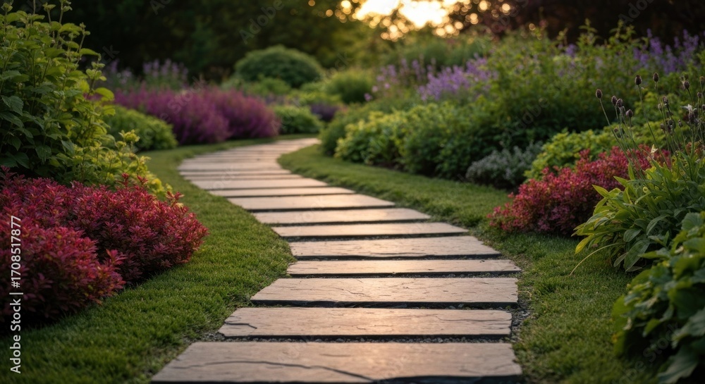 Obraz premium Winding stone path through a lush garden at sunset