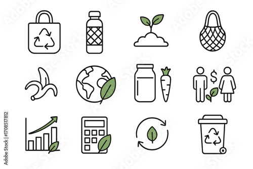 Sustainable living and zero waste line icons set with accounting and eco-friendly symbols, vector cartoon illustration with transparent background, green economy and environment protection concept