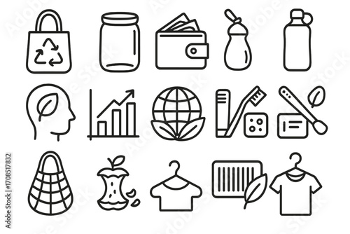 Sustainable living zero waste icons set, eco-friendly lifestyle symbols, reusable bags, natural products, recycling concepts, green accounting finance, environmental care, organic materials vector