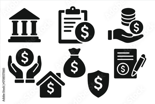 Banking and finance icon set. Loan, credit, and mortgage symbols. Investment, savings, and insurance concepts. Money, bank, and payment glyph icons for web and mobile. Vector.