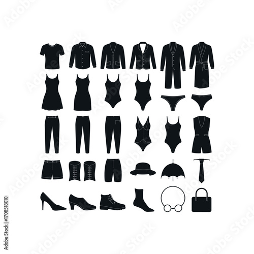 Collection of black clothing and accessory silhouettes on white background t shirt