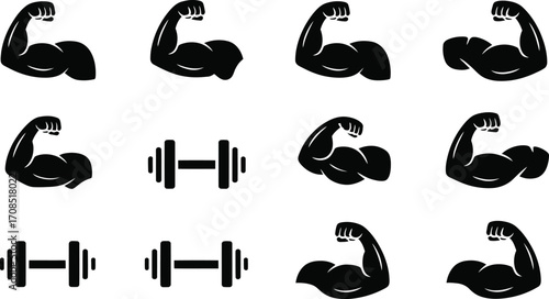 Muscular arms flexed with dumbbells, symbolizing strength and fitness goals.