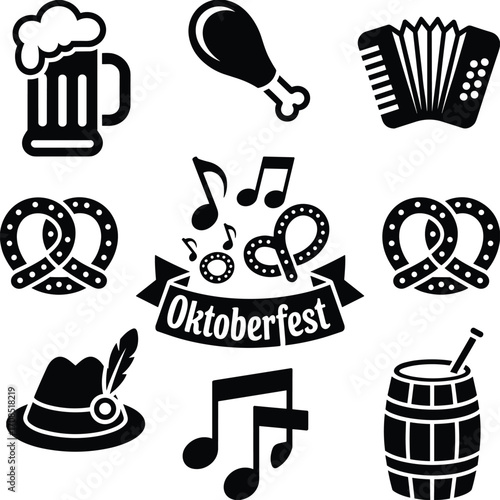 Oktoberfest festival vector icons, beer mug, pretzels, music notes, traditional food, hat, barrel, celebration clipart design