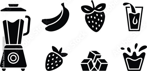 Fresh ingredients for a healthy smoothie, including bananas, strawberries, and ice cubes.