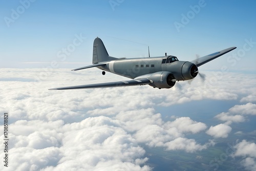 Vintage Military Airplane Soaring Above Clouds