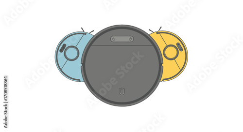 Isometric View of Three Robot Vacuum Cleaners in Blue Gray and Yellow on transparent Background