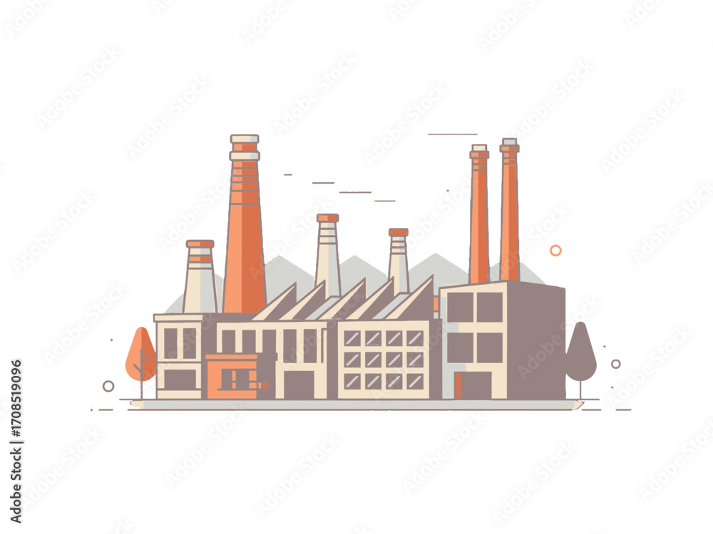 Obraz premium Industrial Factory Complex with Multiple Smokestacks in Flat Design Against a transparent Background