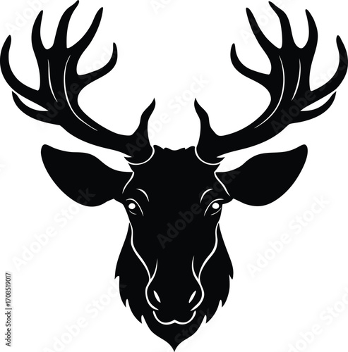 black silhouette of deer head with large antlers and expressive eyes