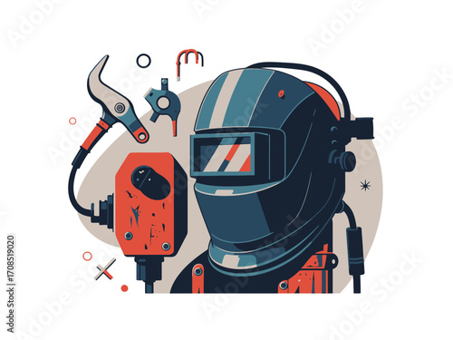 Detailed Vector Illustration of Welding Helmet with Red and Blue Color Palette on Cream Background