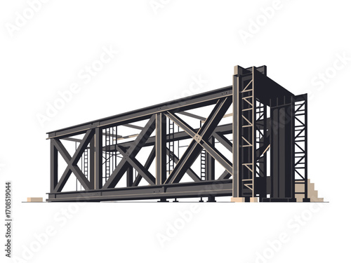 Isometric Steel Structure Pixel Art on transparent Background with Strong Shadow and Detailed Beam Construction Under Bright Sunlight