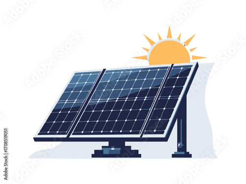Solar Panel Flat Vector Illustration with Rising Sun Over transparent Background