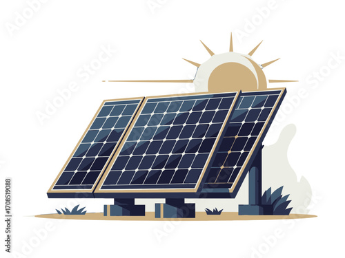 Solar Panel Installation with Sun Icon and Simple Landscape in Vector Style on Transparent Background