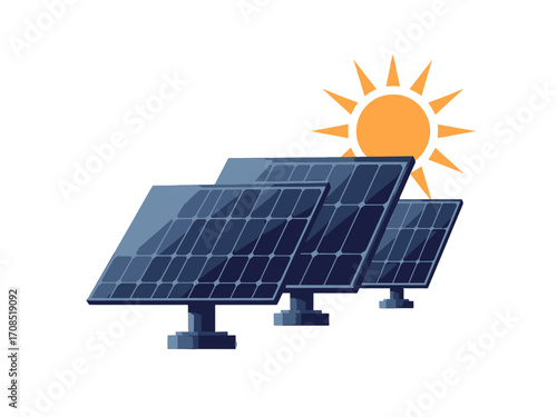 Illustration of Solar Panel Array with Overhead Sun on transparent Background