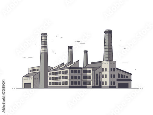 Illustration of a Light Gray Industrial Factory with Tall Chimneys Against a transparent Background