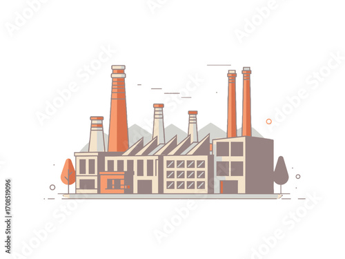Industrial Factory Complex with Multiple Smokestacks in Flat Design Against a transparent Background