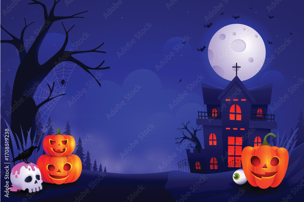 Fototapeta premium Halloween Pumpkin Illustration with Spooky Night Background