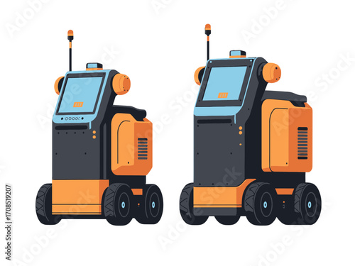 Pair of Orange and Gray Autonomous Delivery Robots with Blue Screen Display Standing on transparent Background Vector Illustration