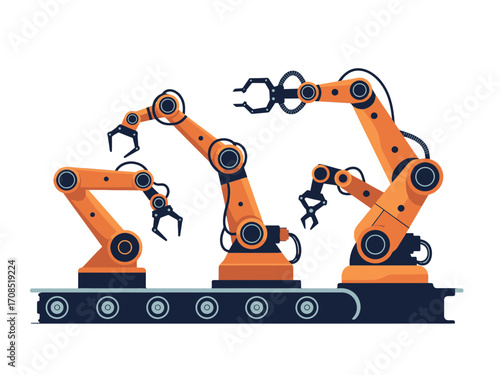 Orange Pixel Art Robotic Arms on Conveyor Belt Over transparent Background