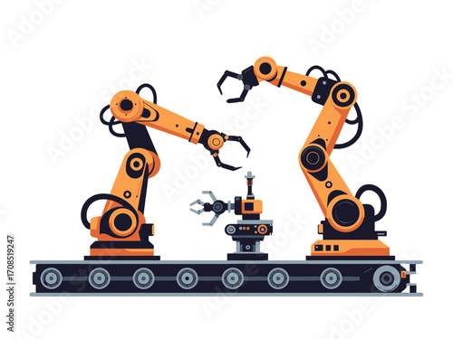 Automated Assembly Line with Orange Robotic Arms and Conveyor Belt in Pixel Art Style on transparent Background