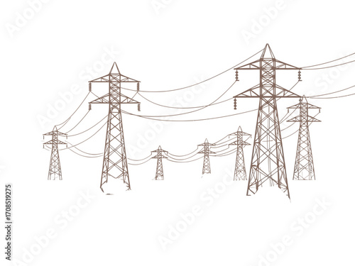 Vector Image of Brown Electrical Transmission Towers Against transparent Background Minimalist Silhouette