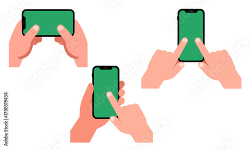 Hand Holding Smartphone Mockup Set with Green Screen, Various Poses, Vector Illustration