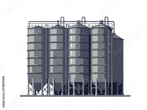 Detailed Pixel Art of Gray Industrial Silos Against transparent Background Detailed Textural Rendering Minimalist Style Vector