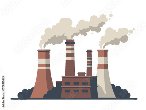 Illustration of an Industrial Factory With Tall Chimneys Emitting Smoke in a Vector Style on a transparent Background