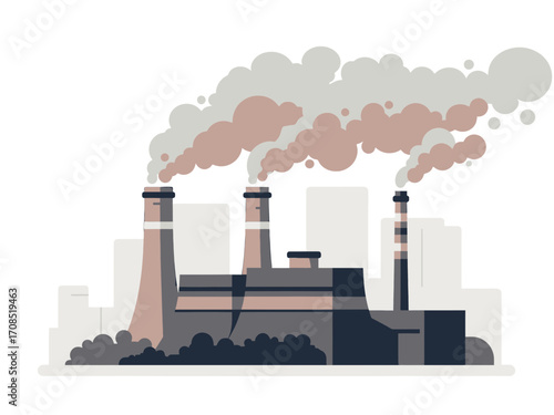 Vector Illustration of Industrial Factory with Smoke Stacks and Buildings against transparent Background