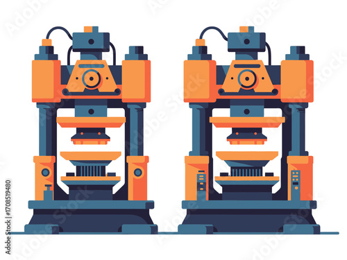 Isometric Industrial Machinery in Orange and Dark Blue on transparent Background Pixel Art Style