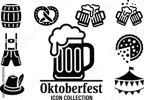 Oktoberfest icon collection, beer mug, pretzel, festival tent, German food, lederhosen, pizza slice, barrel, celebration clipart